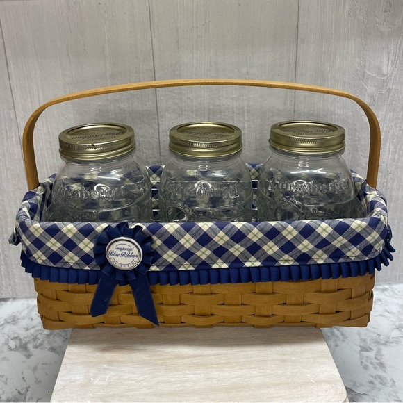 Longaberger 2004 BLUE RIBBON CANNING BASKET 3 Jars Liner Protector & Ribbon Clip